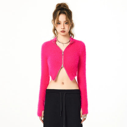 Double Zip Cropped Fuzzy Cardigan
