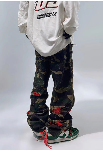 Ripped Camouflage Red Stitch Pants