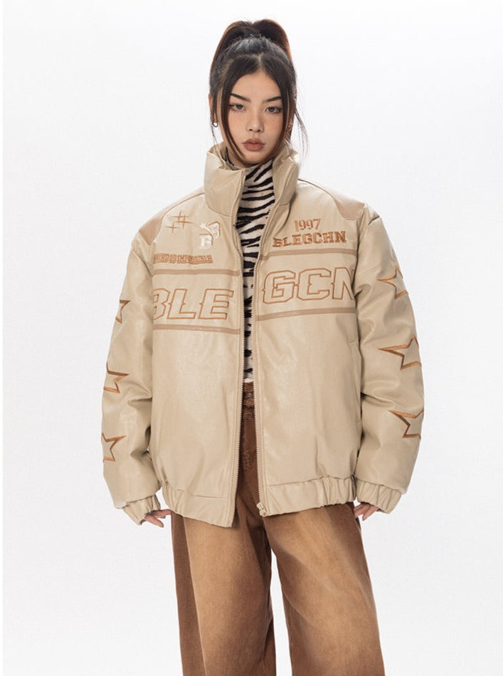 Faux Leather Racer Puffer Jacket