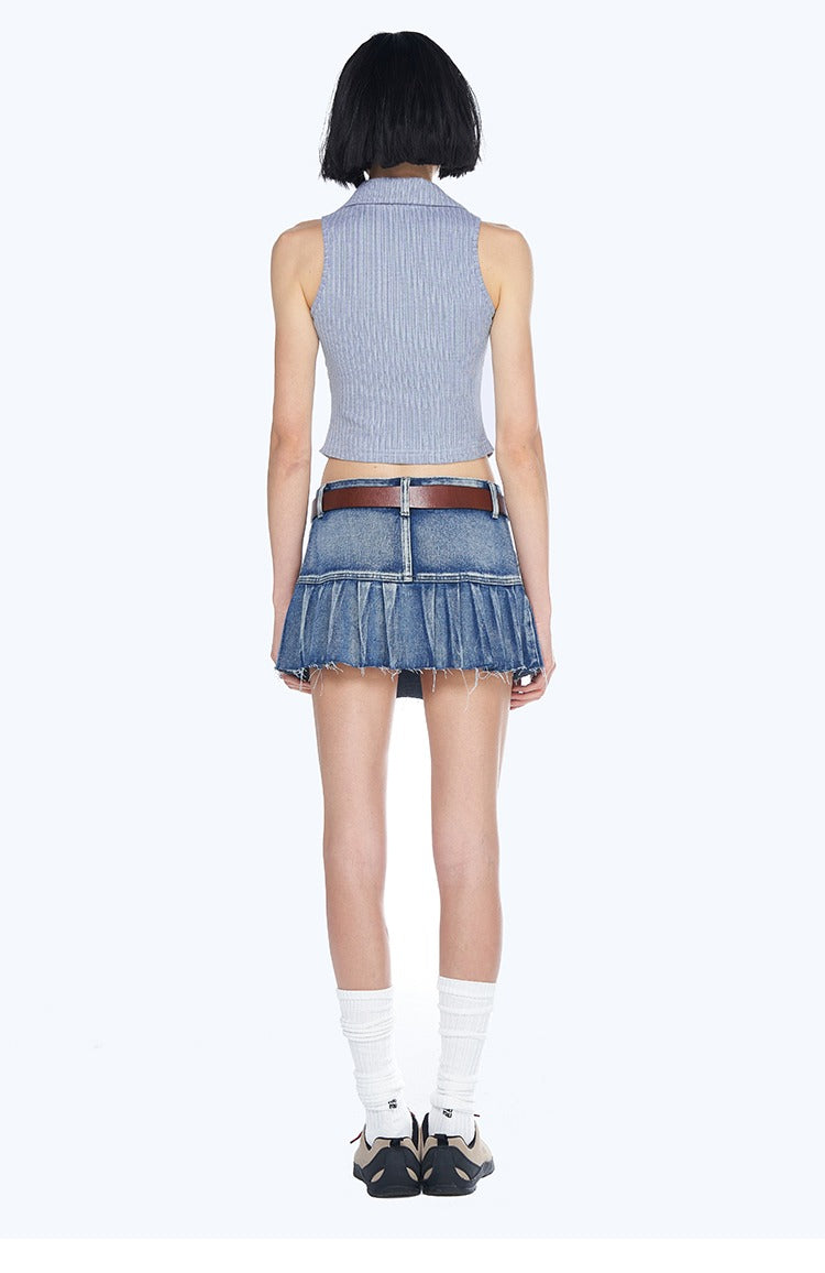 Ribbed Collared Polo Zip Sleeveless Top