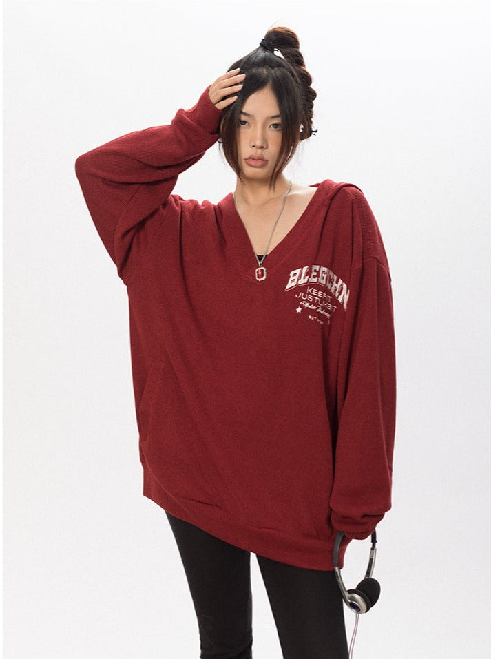 Waffle Knit V Neck Hoodie