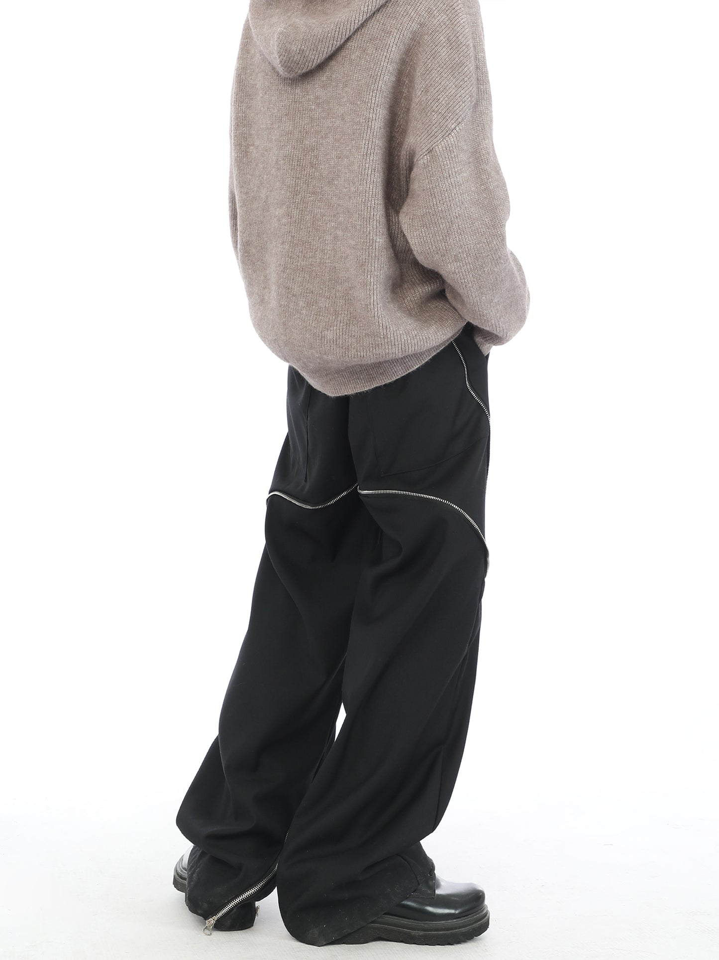 Diagonal Zipper  Black Wide Leg Pants