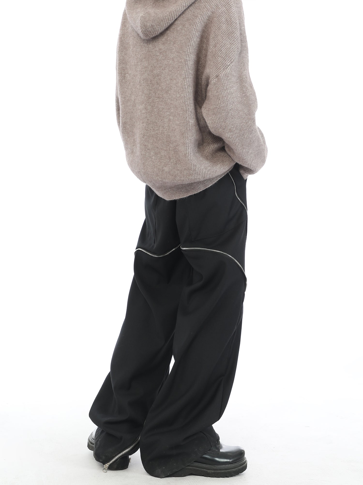 Diagonal Zipper  Black Wide Leg Pants