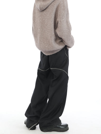 Diagonal Zipper  Black Wide Leg Pants
