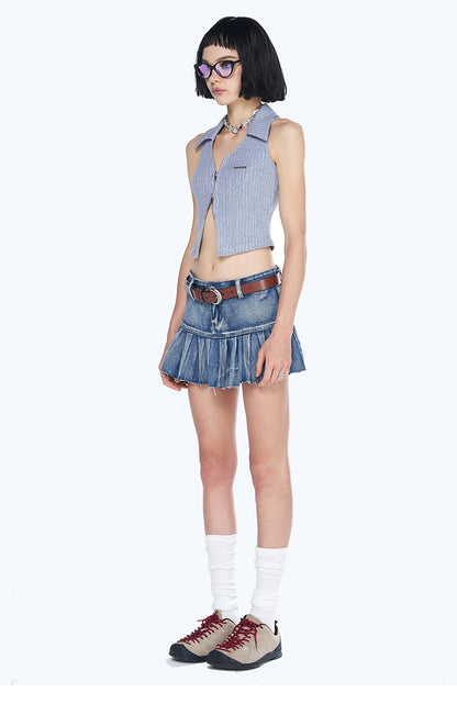 Ribbed Collared Polo Zip Sleeveless Top