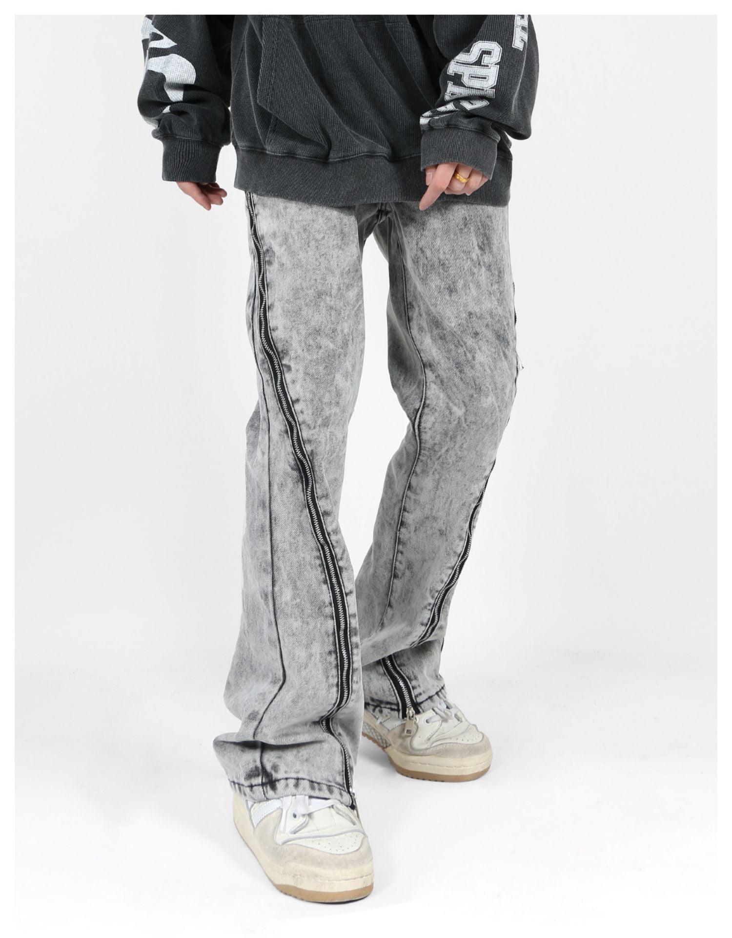 Side Zipper Acid Washed Jeans