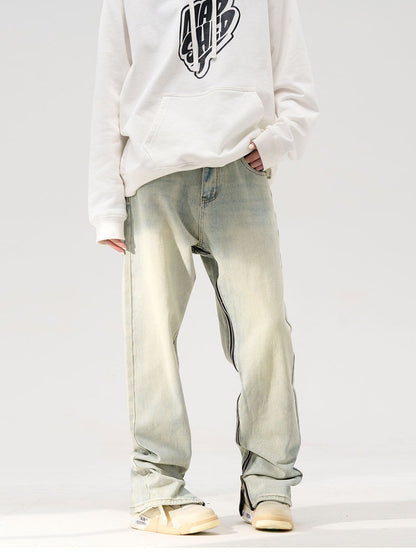Zipper Inseam Bleached Straight Leg Jeans
