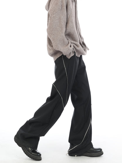 Diagonal Zipper  Black Wide Leg Pants