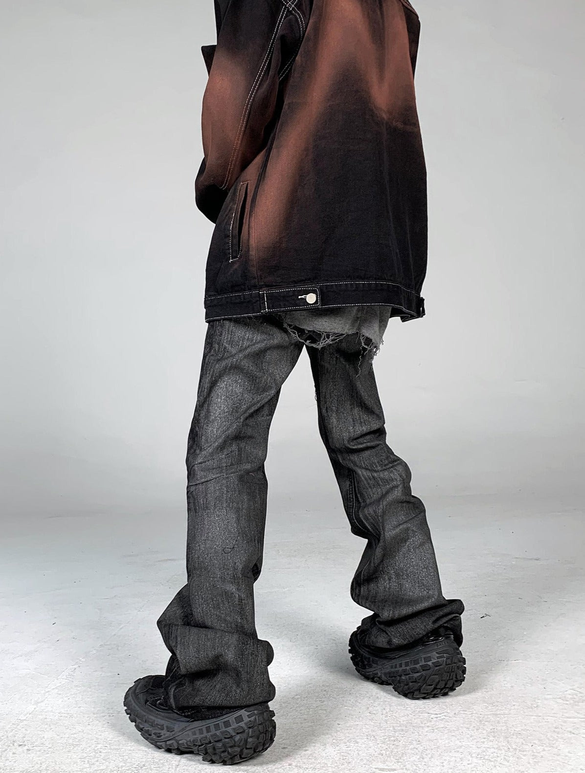 Goth Coated Black Washed Flared Jeans