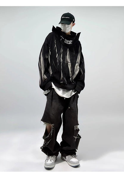 Techwear Wrapped Neck Graffiti Paint Hoodie