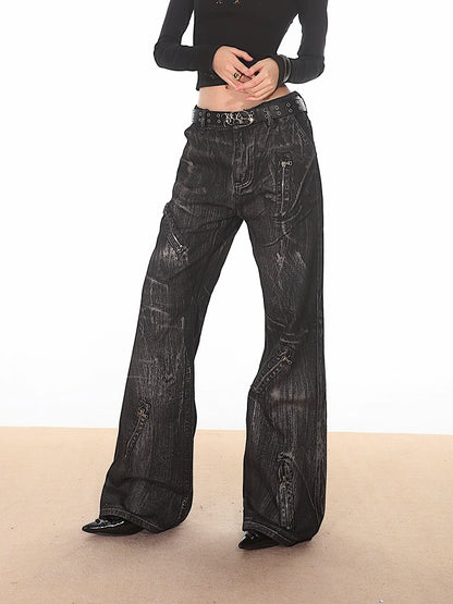 Black Distressed Denim Jeans with Zipper Details
