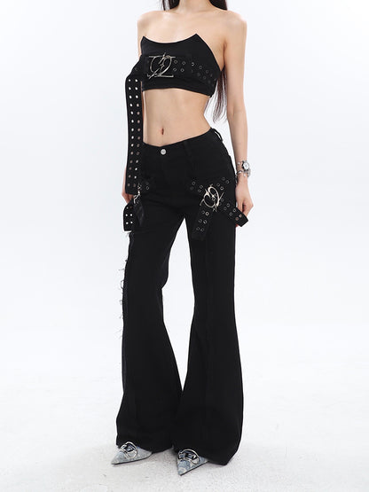 Cross Buckle Flared Jeans