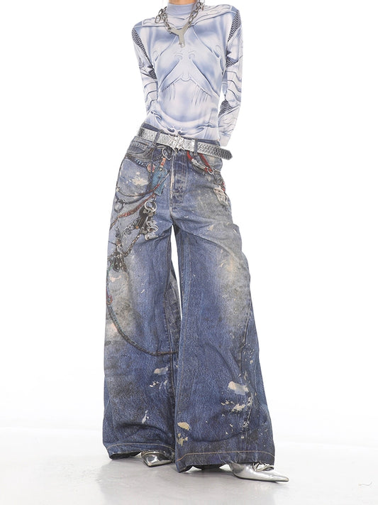 Painted Chain Detail Wide Leg Jeans