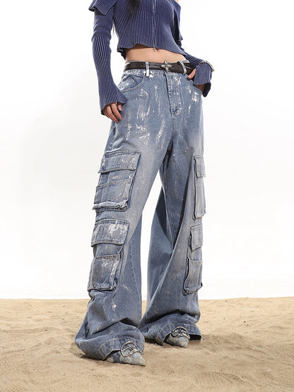 Paint Splatter Wide Leg Cargo Denim Pants
