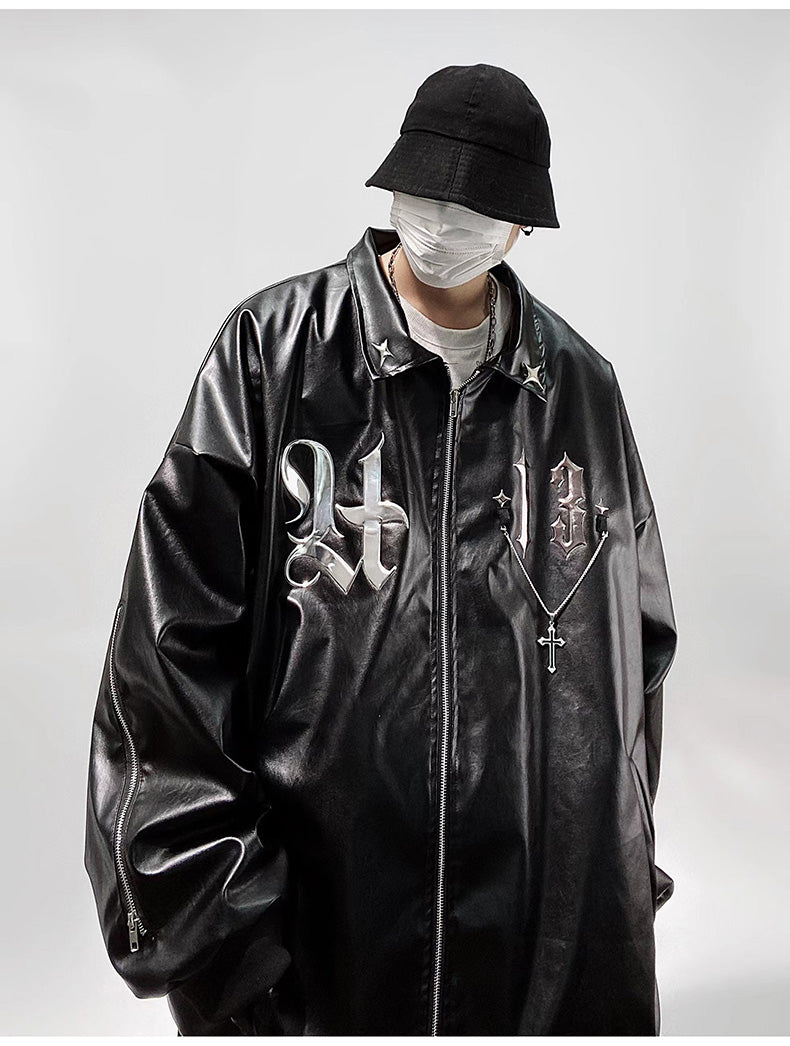 Streetwear Faux Leather Chained Bomber Jacket