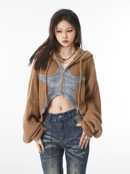 Star Cropped Knit Zip Hoodie