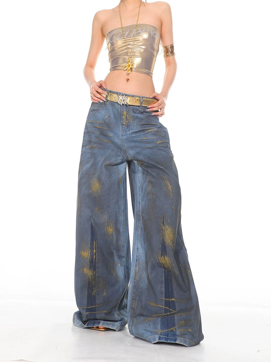 Gold Brushed Wide Leg Denim Jeans