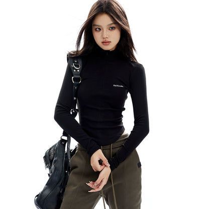 High Neck Half Zip Long Sleeve Top