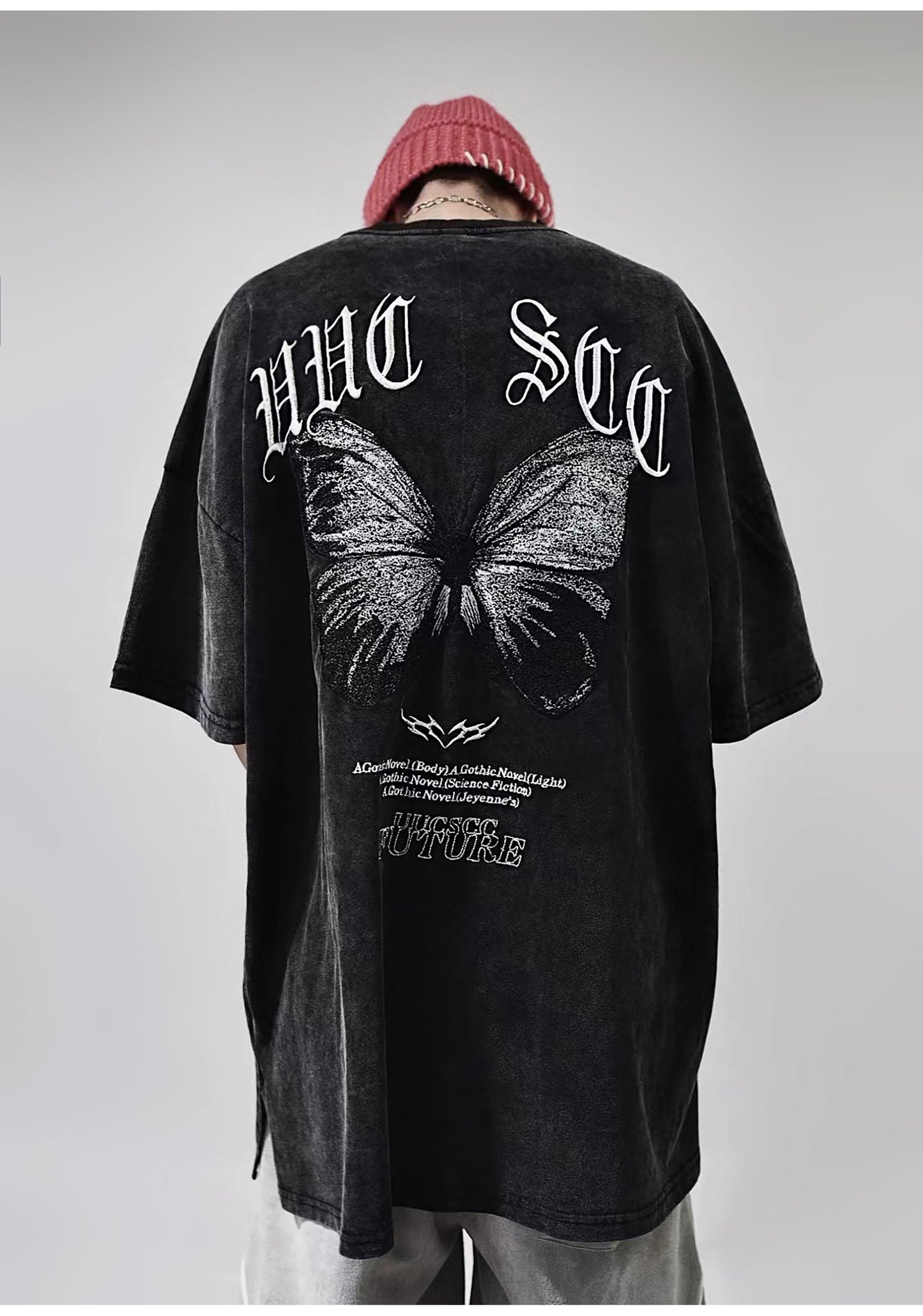 Grunge Streetwear Butterfly Embroidered Vintage Washed T-Shirt
