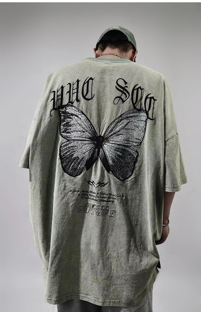 y2k Streetwear Butterfly Embroidered Vintage Washed T-Shirt