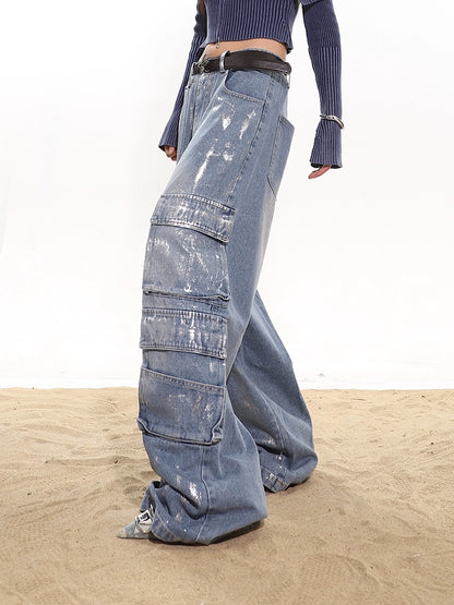 Paint Splatter Wide Leg Cargo Denim Pants