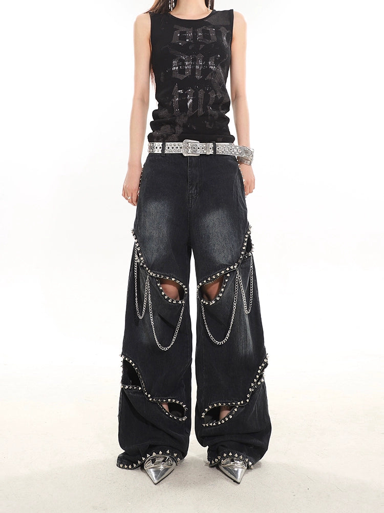 Industrial Deconstructed Chain Studded Denim Jeans