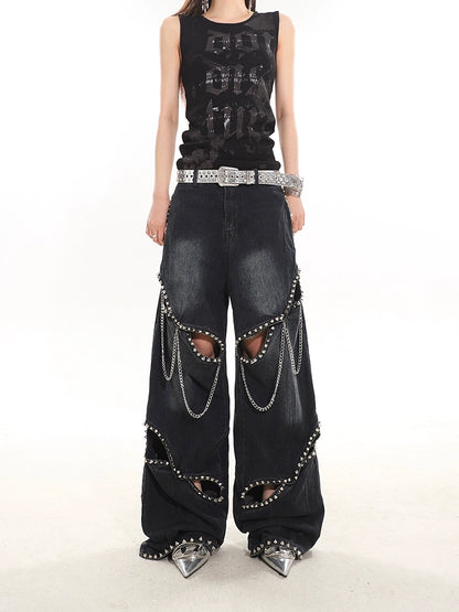 Industrial Deconstructed Chain Studded Denim Jeans