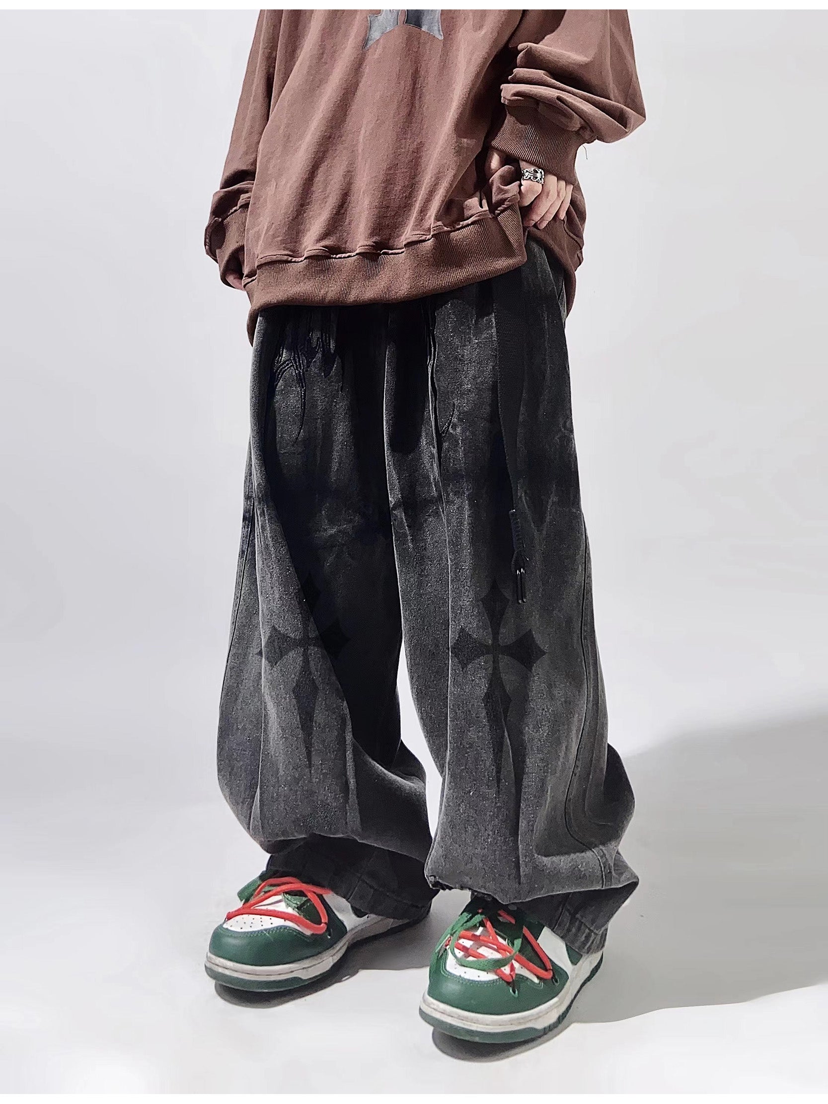 Crosses Wide Leg Baggy Distressed Jeans Streetwear