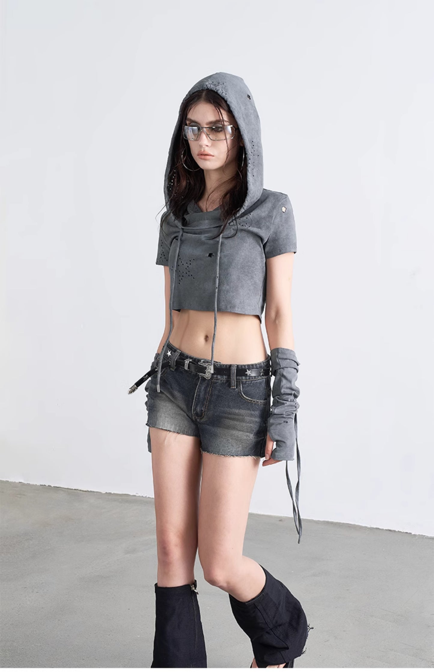 Destroyed Subversive Cropped Hoodie with Sleeves