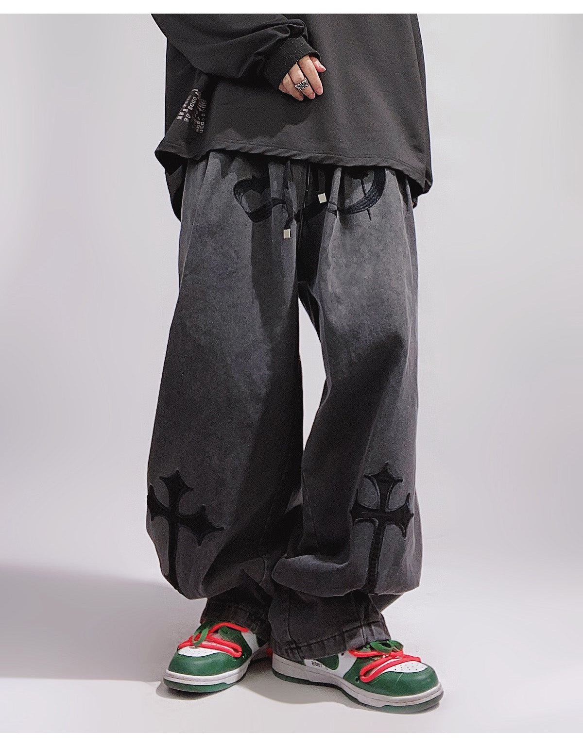 Streetwear Crosses Wide Leg Baggy Faded Jeans Goth