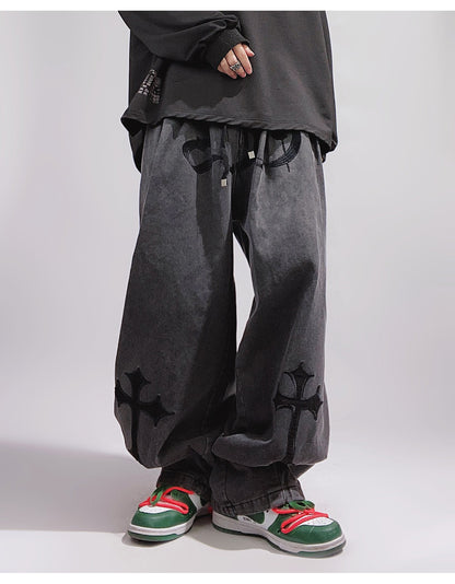 Streetwear Crosses Wide Leg Baggy Faded Jeans Goth