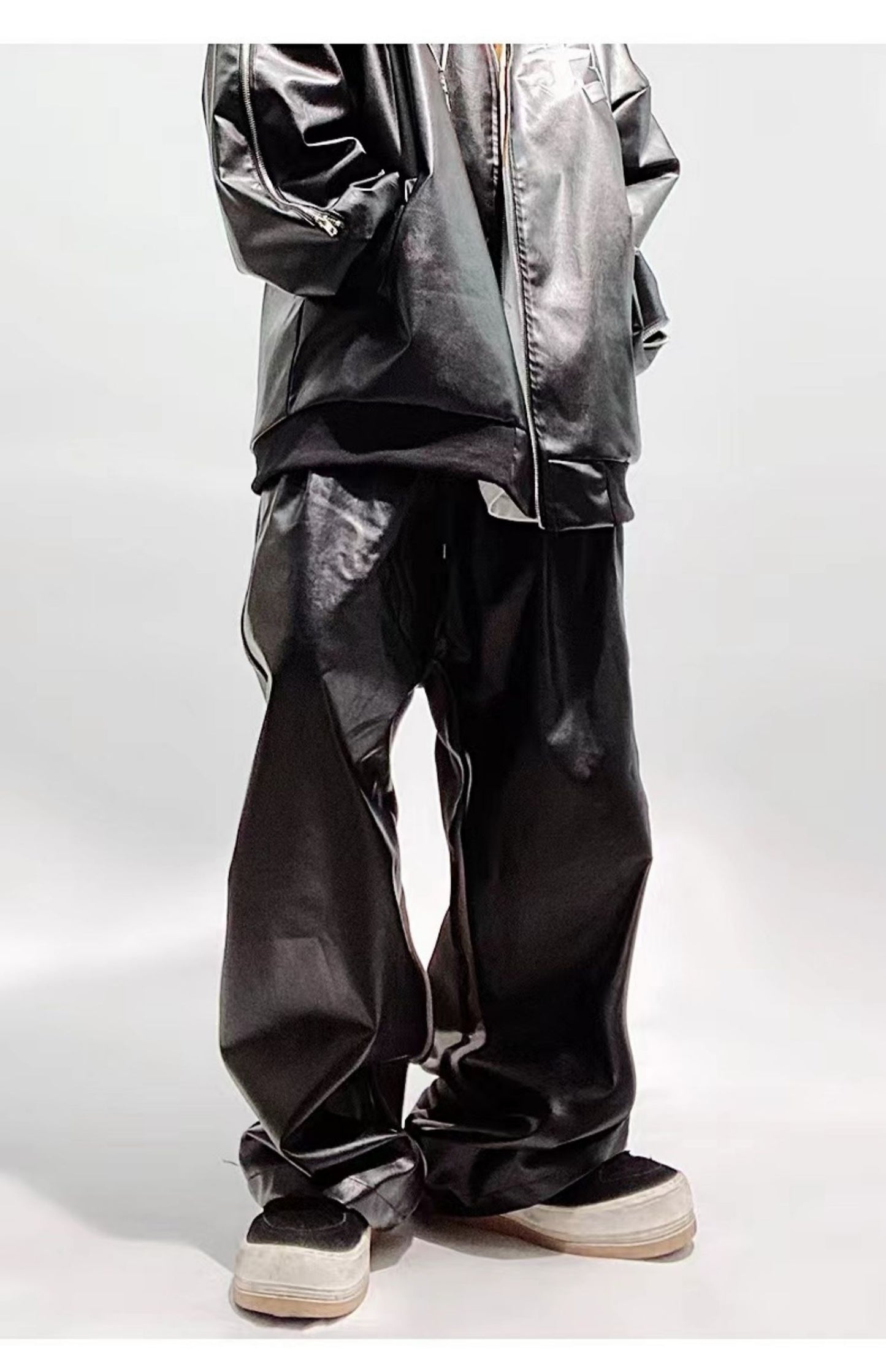 Streetwear Faux Leather Wide Leg Sweatpants