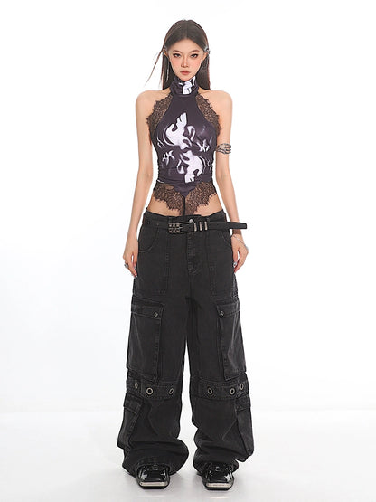 Vintage Wash Cargo Utility Denim Pants