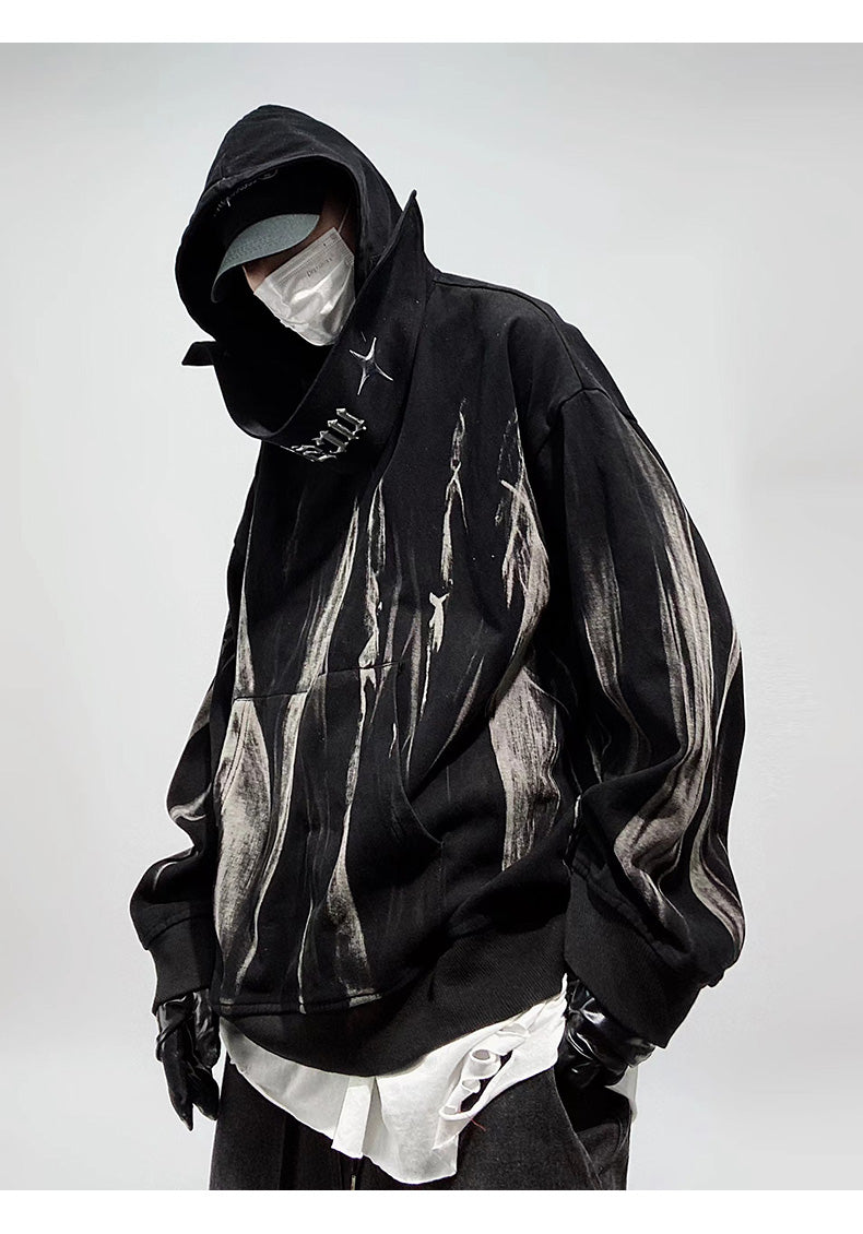 Techwear Wrapped Neck Graffiti Paint Hoodie