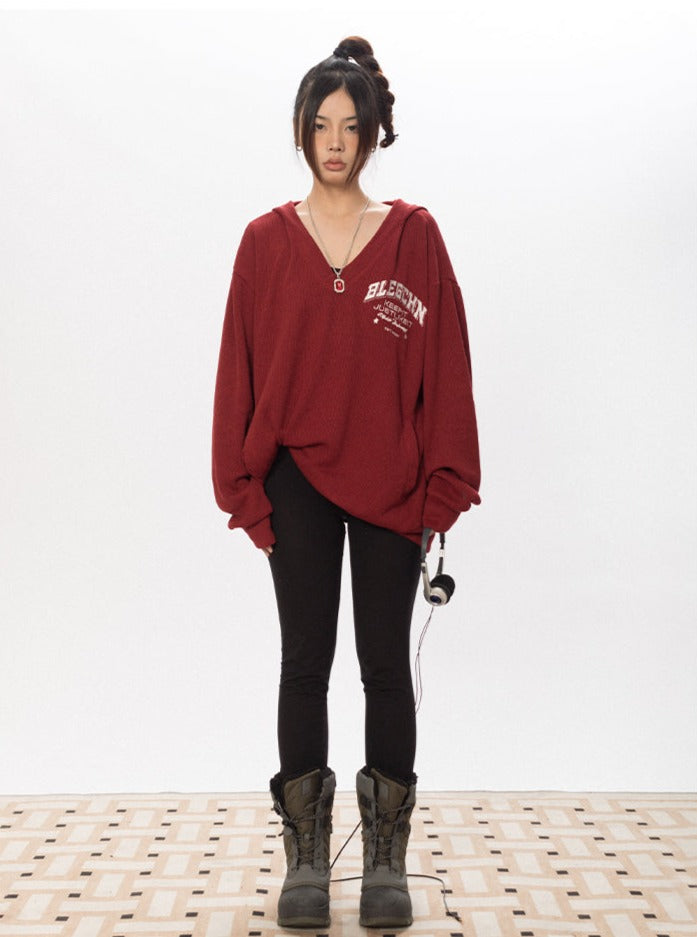 Waffle Knit V Neck Hoodie