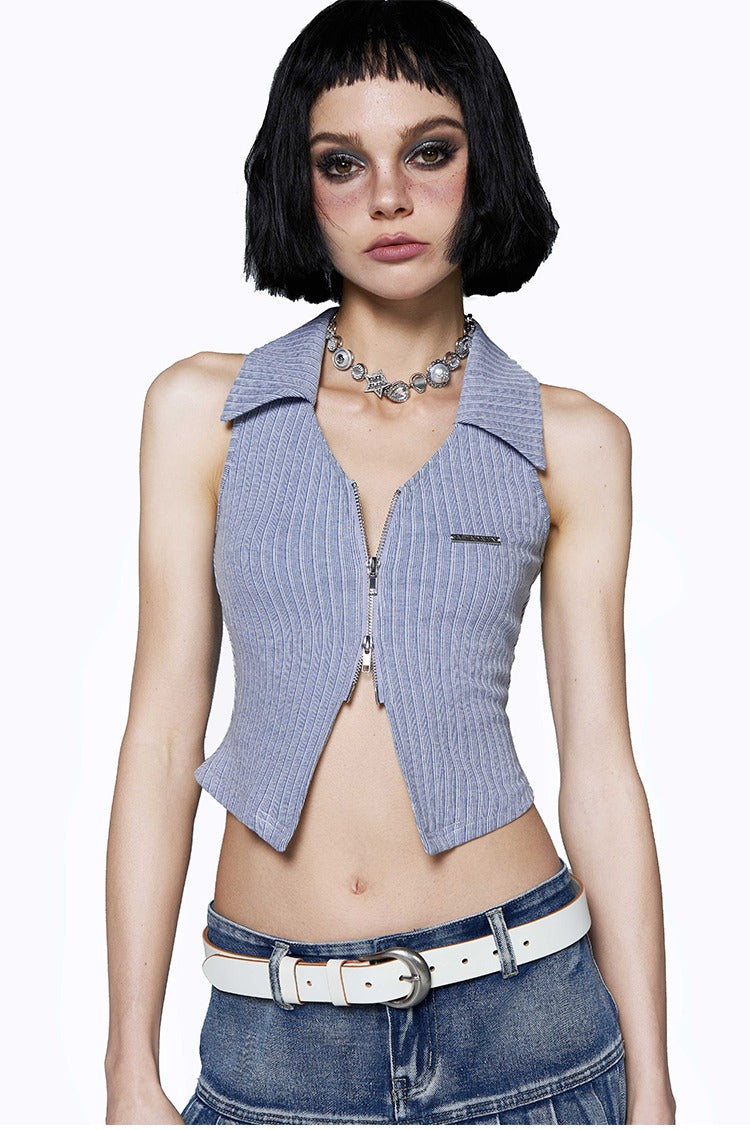 Ribbed Collared Polo Zip Sleeveless Top