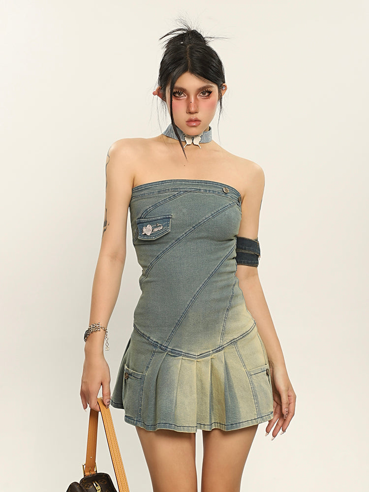 Denim Gradient Pleated Strapless Dress