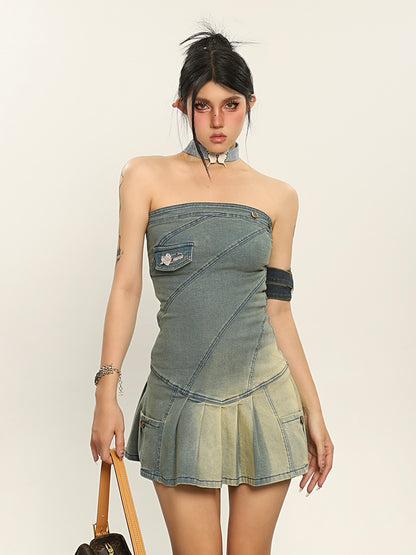 Denim Gradient Pleated Strapless Dress