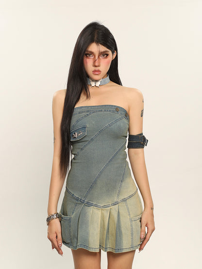 Denim Gradient Pleated Strapless Dress
