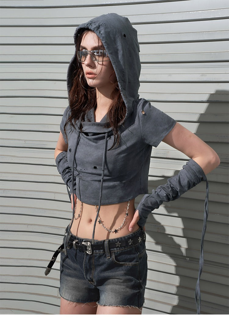 Destroyed Subversive Cropped Hoodie with Sleeves