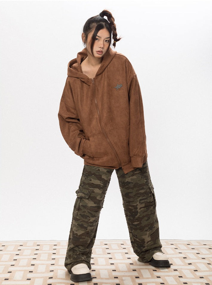Asymmetric Zipper Faux Suede Hoodie