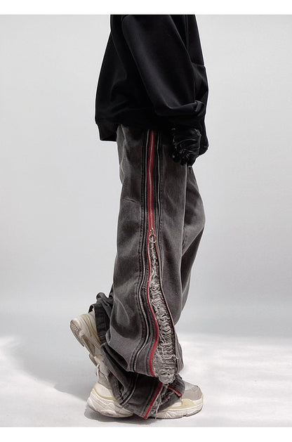 Side Slit Zipper Shredded Wide Leg Loose Fit Jeans