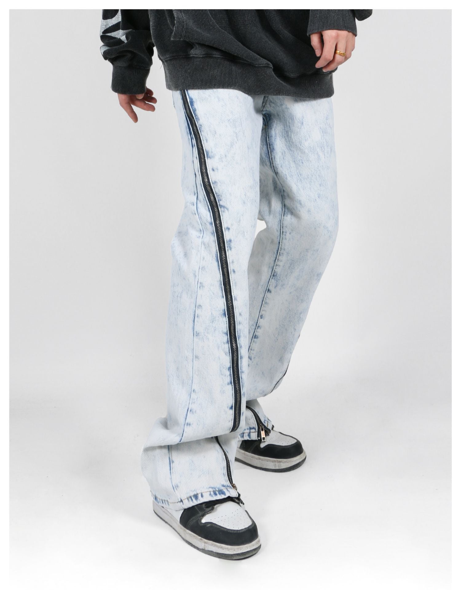 Side Zipper Acid Washed Jeans