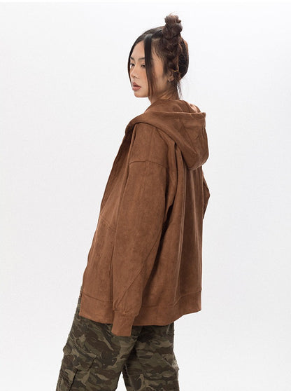Asymmetric Zipper Faux Suede Hoodie