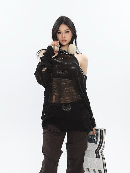 Destroyed Knit Shoulder Cutout Sweater