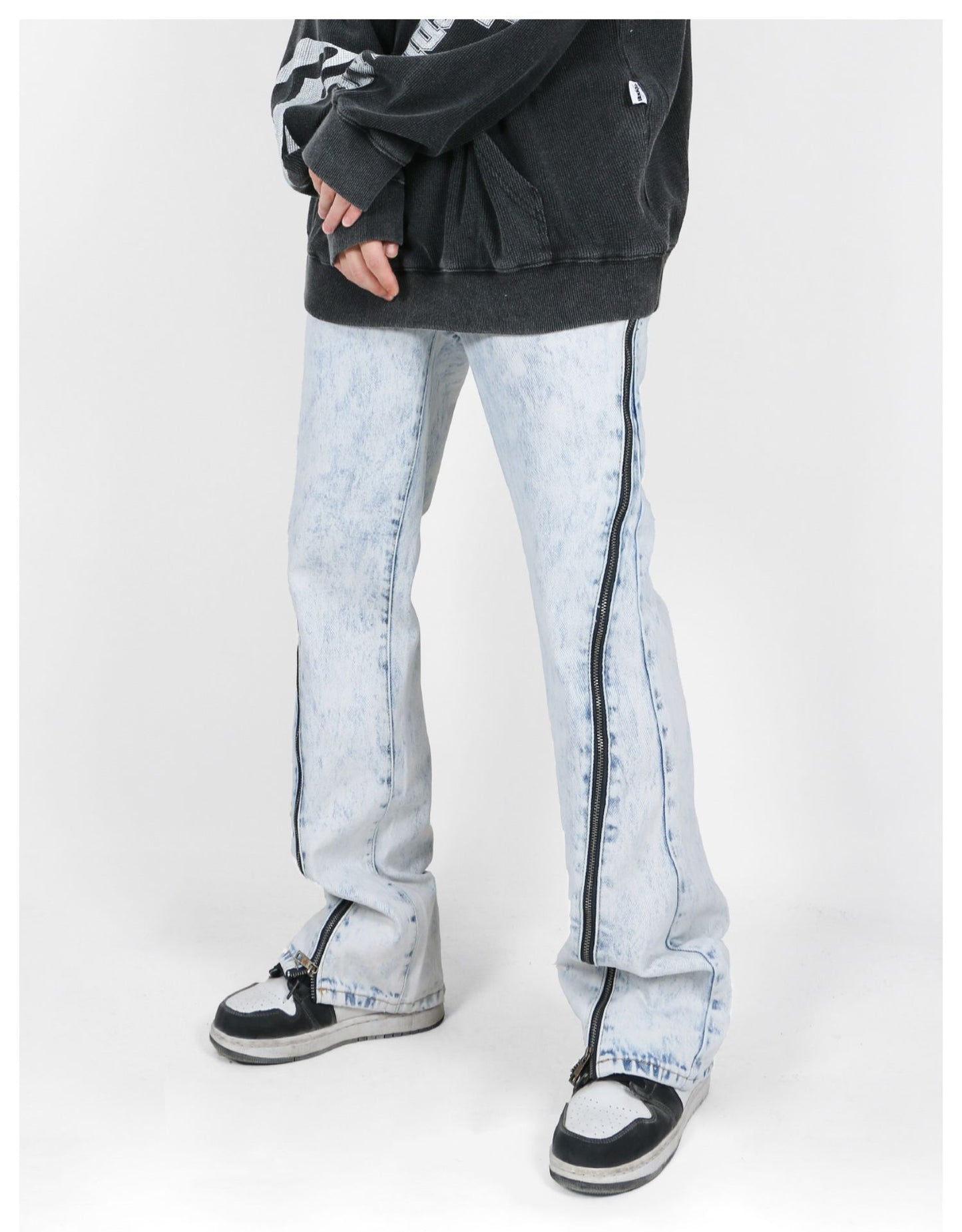 Side Zipper Acid Washed Jeans