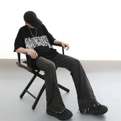 Raw Hem Black Washed Flared Jeans