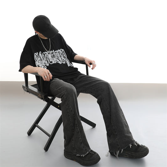 Raw Hem Black Washed Flared Jeans