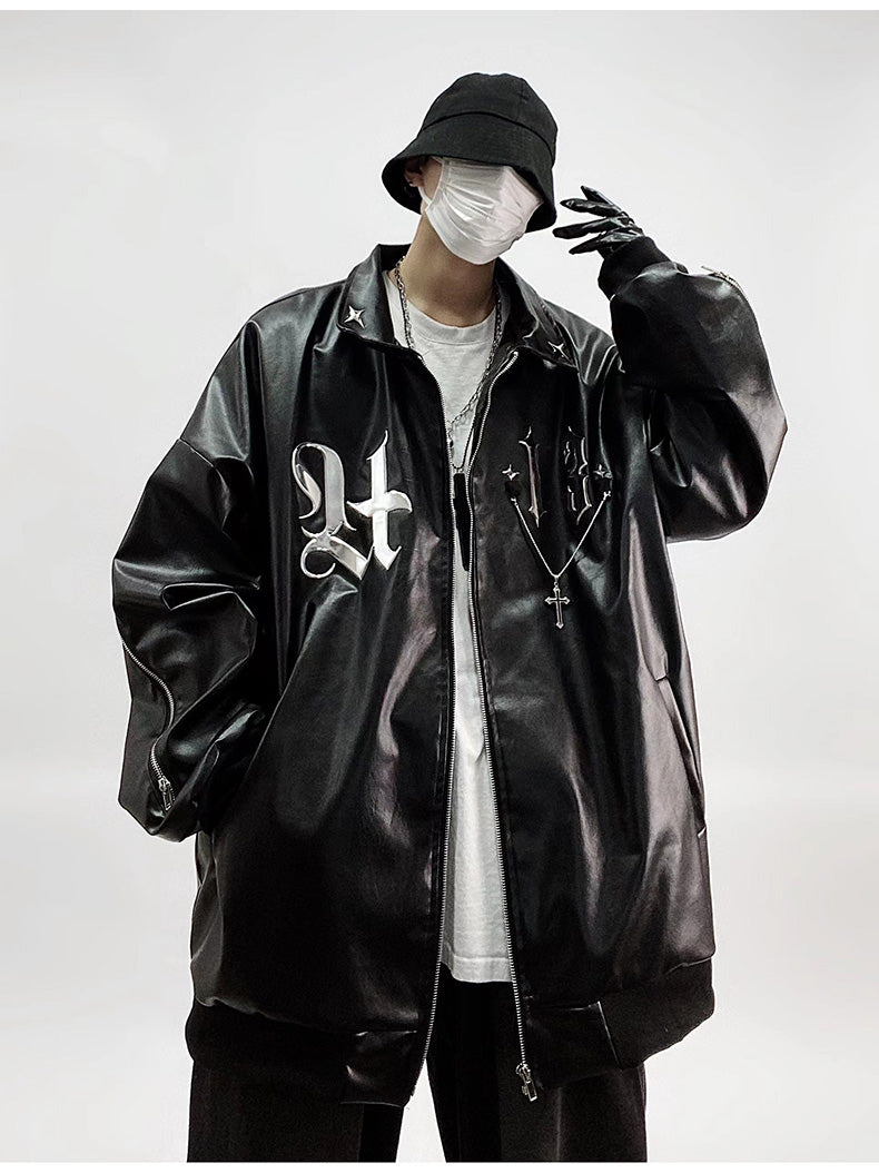 Streetwear Faux Leather Chained Bomber Jacket
