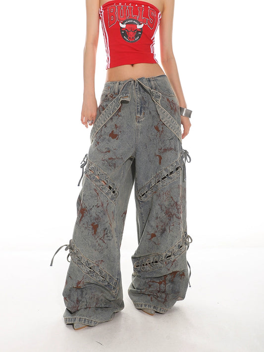 Deconstructed Lace-up Jigsaw Denim Jeans